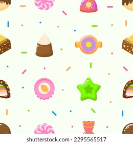 Seamless Pattern Abstract Elements Different Sweets Food Lollipops Candy Vector Design Style Background Illustration Texture For Prints Textiles, Clothing, Gift Wrap, Wallpaper, Pastel