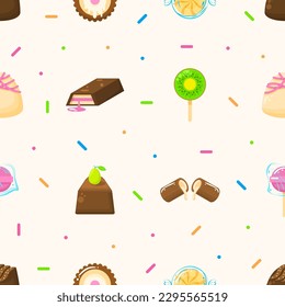 Seamless Pattern Abstract Elements Different Sweets Food Lollipops Candy Vector Design Style Background Illustration Texture For Prints Textiles, Clothing, Gift Wrap, Wallpaper, Pastel