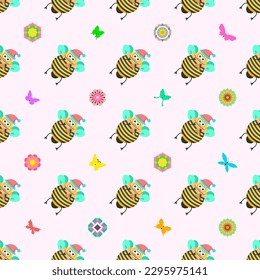 Seamless Pattern Abstract Elements Different Bee Insect Beetle With Flower Vector Design Style Background Illustration Texture For Prints Textiles, Clothing, Gift Wrap, Wallpaper, Pastel
