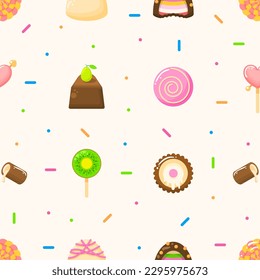 Seamless Pattern Abstract Elements Different Sweets Food Lollipops Candy Vector Design Style Background Illustration Texture For Prints Textiles, Clothing, Gift Wrap, Wallpaper, Pastel