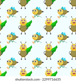 Seamless Pattern Abstract Elements Different Bee Insect Beetle With Flower Vector Design Style Background Illustration Texture For Prints Textiles, Clothing, Gift Wrap, Wallpaper, Pastel