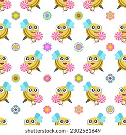 Seamless Pattern Abstract Elements Different Bee Insect Beetle With Flower Vector Design Style Background Illustration Texture For Prints Textiles, Clothing, Gift Wrap, Wallpaper, Pastel