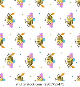 Seamless Pattern Abstract Elements Different Bee Insect Beetle With Flower Vector Design Style Background Illustration Texture For Prints Textiles, Clothing, Gift Wrap, Wallpaper, Pastel