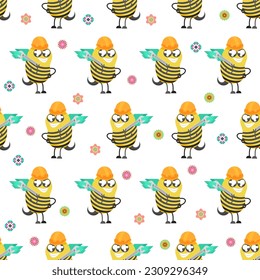 Seamless Pattern Abstract Elements Different Bee Insect Beetle With Flower Vector Design Style Background Illustration Texture For Prints Textiles, Clothing, Gift Wrap, Wallpaper, Pastel