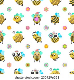 Seamless Pattern Abstract Elements Different Bee Insect Beetle With Flower Vector Design Style Background Illustration Texture For Prints Textiles, Clothing, Gift Wrap, Wallpaper, Pastel