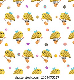 Seamless Pattern Abstract Elements Different Bee Insect Beetle With Flower Vector Design Style Background Illustration Texture For Prints Textiles, Clothing, Gift Wrap, Wallpaper, Pastel