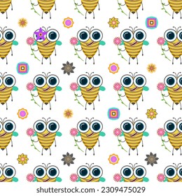 Seamless Pattern Abstract Elements Different Bee Insect Beetle With Flower Vector Design Style Background Illustration Texture For Prints Textiles, Clothing, Gift Wrap, Wallpaper, Pastel
