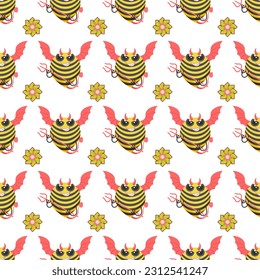 Seamless Pattern Abstract Elements Different Bee Insect Beetle With Flower Vector Design Style Background Illustration Texture For Prints Textiles, Clothing, Gift Wrap, Wallpaper, Pastel