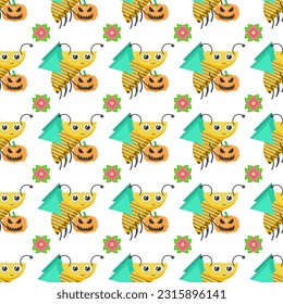 Seamless Pattern Abstract Elements Different Bee Insect Beetle With Flower Vector Design Style Background Illustration Texture For Prints Textiles, Clothing, Gift Wrap, Wallpaper, Pastel