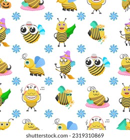Seamless Pattern Abstract Elements Different Bee Insect Beetle With Flower Vector Design Style Background Illustration Texture For Prints Textiles, Clothing, Gift Wrap, Wallpaper, Pastel