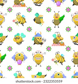 Seamless Pattern Abstract Elements Different Bee Insect Beetle With Flower Vector Design Style Background Illustration Texture For Prints Textiles, Clothing, Gift Wrap, Wallpaper, Pastel