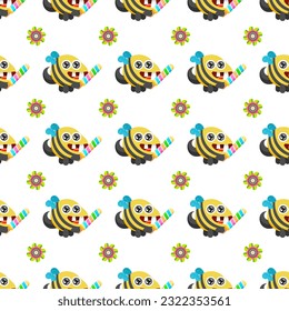 Seamless Pattern Abstract Elements Different Bee Insect Beetle With Flower Vector Design Style Background Illustration Texture For Prints Textiles, Clothing, Gift Wrap, Wallpaper, Pastel