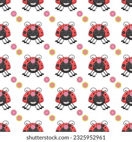 Seamless Pattern Abstract Elements Different Ladybug Insect Beetle With Flower Vector Design Style Background Illustration Texture For Prints Textiles, Clothing, Gift Wrap, Wallpaper, Pastel