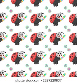 Seamless Pattern Abstract Elements Different Ladybug Insect Beetle With Flower Vector Design Style Background Illustration Texture For Prints Textiles, Clothing, Gift Wrap, Wallpaper, Pastel