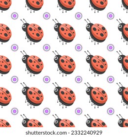 Seamless Pattern Abstract Elements Different Ladybug Insect Beetle With Flower Vector Design Style Background Illustration Texture For Prints Textiles, Clothing, Gift Wrap, Wallpaper, Pastel