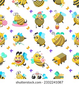 Seamless Pattern Abstract Elements Different Bee Insect Beetle With Flower Vector Design Style Background Illustration Texture For Prints Textiles, Clothing, Gift Wrap, Wallpaper, Pastel