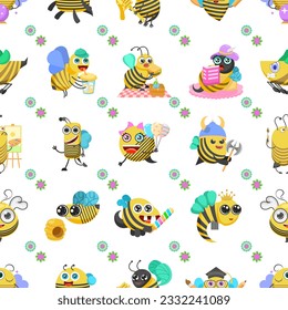 Seamless Pattern Abstract Elements Different Bee Insect Beetle With Flower Vector Design Style Background Illustration Texture For Prints Textiles, Clothing, Gift Wrap, Wallpaper, Pastel