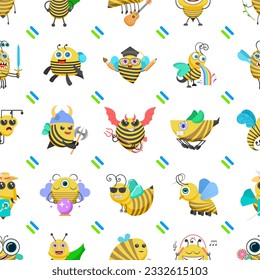 Seamless Pattern Abstract Elements Different Bee Insect Beetle With Flower Vector Design Style Background Illustration Texture For Prints Textiles, Clothing, Gift Wrap, Wallpaper, Pastel