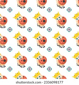 Seamless Pattern Abstract Elements Different Ladybug Insect Beetle With Flower Vector Design Style Background Illustration Texture For Prints Textiles, Clothing, Gift Wrap, Wallpaper, Pastel