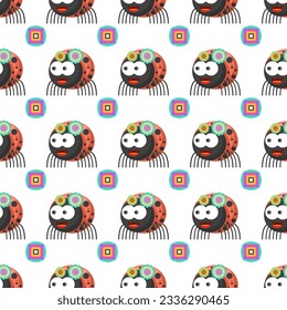 Seamless Pattern Abstract Elements Different Ladybug Insect Beetle With Flower Vector Design Style Background Illustration Texture For Prints Textiles, Clothing, Gift Wrap, Wallpaper, Pastel