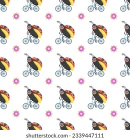 Seamless Pattern Abstract Elements Different Ladybug Insect Beetle With Flower Vector Design Style Background Illustration Texture For Prints Textiles, Clothing, Gift Wrap, Wallpaper, Pastel