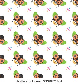 Seamless Pattern Abstract Elements Different Ladybug Insect Beetle With Flower Vector Design Style Background Illustration Texture For Prints Textiles, Clothing, Gift Wrap, Wallpaper, Pastel
