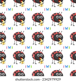 Seamless Pattern Abstract Elements Different Ladybug Insect Beetle With Flower Vector Design Style Background Illustration Texture For Prints Textiles, Clothing, Gift Wrap, Wallpaper, Pastel