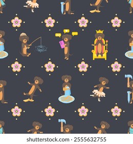 Seamless Pattern Abstract Elements Different Animal Dachshunds Dog Wildlife Vector Design Style Background Illustration Texture For Prints Textiles, Clothing, Gift Wrap, Wallpaper, Pastel