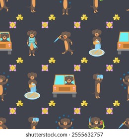 Seamless Pattern Abstract Elements Different Animal Dachshunds Dog Wildlife Vector Design Style Background Illustration Texture For Prints Textiles, Clothing, Gift Wrap, Wallpaper, Pastel