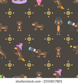 Seamless Pattern Abstract Elements Different Animal Dachshunds Dog Wildlife Vector Design Style Background Illustration Texture For Prints Textiles, Clothing, Gift Wrap, Wallpaper, Pastel