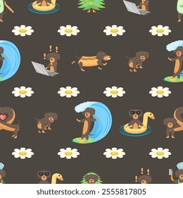 Seamless Pattern Abstract Elements Different Animal Dachshunds Dog Wildlife Vector Design Style Background Illustration Texture For Prints Textiles, Clothing, Gift Wrap, Wallpaper, Pastel