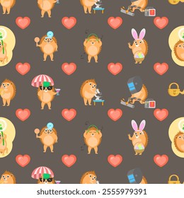 Seamless Pattern Abstract Elements Different Animal Hedgehogs Wildlife Vector Design Style Background Illustration Texture For Prints Textiles, Clothing, Gift Wrap, Wallpaper, Pastel