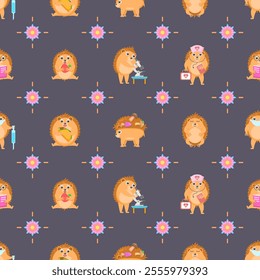 Seamless Pattern Abstract Elements Different Animal Hedgehogs Wildlife Vector Design Style Background Illustration Texture For Prints Textiles, Clothing, Gift Wrap, Wallpaper, Pastel