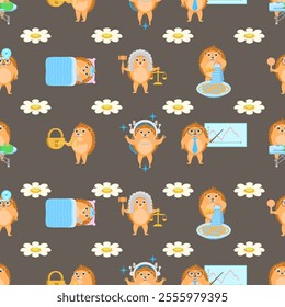 Seamless Pattern Abstract Elements Different Animal Hedgehogs Wildlife Vector Design Style Background Illustration Texture For Prints Textiles, Clothing, Gift Wrap, Wallpaper, Pastel