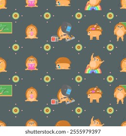 Seamless Pattern Abstract Elements Different Animal Hedgehogs Wildlife Vector Design Style Background Illustration Texture For Prints Textiles, Clothing, Gift Wrap, Wallpaper, Pastel