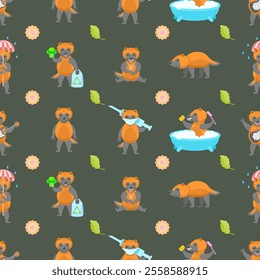 Seamless Pattern Abstract Elements Different Animal Wolverines Wildlife Vector Design Style Background Illustration Texture For Prints Textiles, Clothing, Gift Wrap, Wallpaper, Pastel