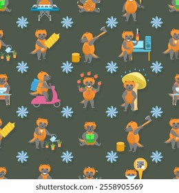 Seamless Pattern Abstract Elements Different Animal Wolverines Wildlife Vector Design Style Background Illustration Texture For Prints Textiles, Clothing, Gift Wrap, Wallpaper, Pastel