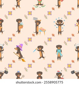 Seamless Pattern Abstract Elements Different Animal Dachshunds Dog Wildlife Vector Design Style Background Illustration Texture For Prints Textiles, Clothing, Gift Wrap, Wallpaper, Pastel