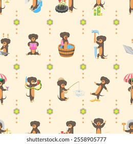 Seamless Pattern Abstract Elements Different Animal Dachshunds Dog Wildlife Vector Design Style Background Illustration Texture For Prints Textiles, Clothing, Gift Wrap, Wallpaper, Pastel