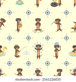 Seamless Pattern Abstract Elements Different Animal Dachshunds Dog Wildlife Vector Design Style Background Illustration Texture For Prints Textiles, Clothing, Gift Wrap, Wallpaper, Pastel