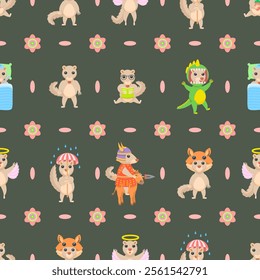 Seamless Pattern Abstract Elements Different Animal Tupaia Wildlife Vector Design Style Background Illustration Texture For Prints Textiles, Clothing, Gift Wrap, Wallpaper, Pastel