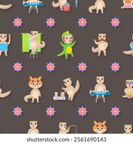 Seamless Pattern Abstract Elements Different Animal Tupaia Wildlife Vector Design Style Background Illustration Texture For Prints Textiles, Clothing, Gift Wrap, Wallpaper, Pastel