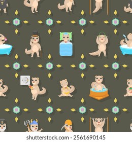 Seamless Pattern Abstract Elements Different Animal Tupaia Wildlife Vector Design Style Background Illustration Texture For Prints Textiles, Clothing, Gift Wrap, Wallpaper, Pastel