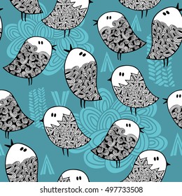 Seamless pattern with abstract elements and doodle birds. Endless background in vector.