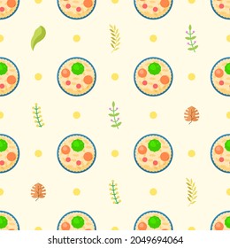 Seamless Pattern Abstract Elements Fast Food Sushi With Leaves Vector Design Style Background Illustration Texture For Prints Textiles, Clothing, Gift Wrap, Wallpaper, Pastel