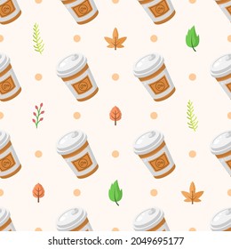 Seamless Pattern Abstract Elements Fast Food Coffe Cup With Leaves Vector Design Style Background Illustration Texture For Prints Textiles, Clothing, Gift Wrap, Wallpaper, Pastel