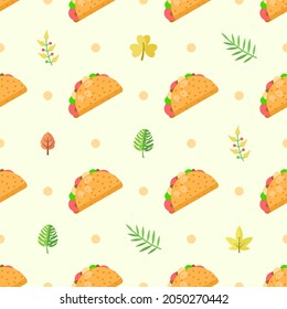 Seamless Pattern Abstract Elements Fast Food Tacos With Leaves Vector Design Style Background Illustration Texture For Prints Textiles, Clothing, Gift Wrap, Wallpaper, Pastel