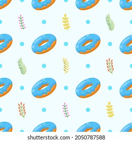 Seamless Pattern Abstract Elements Fast Food Donut With Leaves Vector Design Style Background Illustration Texture For Prints Textiles, Clothing, Gift Wrap, Wallpaper, Pastel