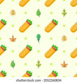Seamless Pattern Abstract Elements Fast Food Burrito With Leaves Vector Design Style Background Illustration Texture For Prints Textiles, Clothing, Gift Wrap, Wallpaper, Pastel