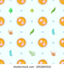 Seamless Pattern Abstract Elements Fast Food Noodles With Leaves Vector Design Style Background Illustration Texture For Prints Textiles, Clothing, Gift Wrap, Wallpaper, Pastel